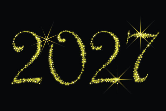 Vector illustration of 2027 written with sparkling gold dust. Glowing stardust particles and shining stars create a festive New Year design on a dark background.