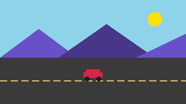 Red car driving on road with mountains 4k background, flat animation