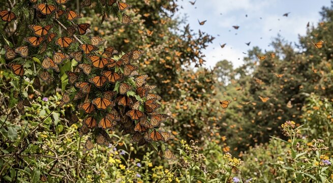 Monarch butterfly migration in forest. Thousands of butterflies on tree branches