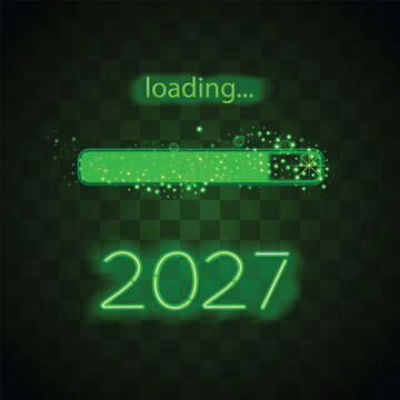 Vector illustration of 2027 loading progress bar with glowing green neon effect. Sparkling cyan dust and glowing status bar shine against a dark grid background, creating a modern New Year concept.