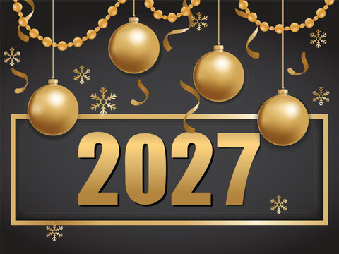 Vector illustration for Happy New Year 2027. Golden Christmas baubles hang above bold 2027 digits inside a gold frame, decorated with gold garlands and snowflakes on a dark background.