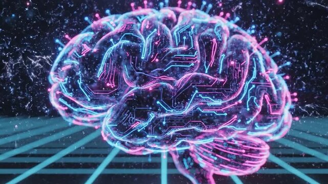 Futuristic digital brain with neon circuits and electric sparks pulsing in a high tech environment