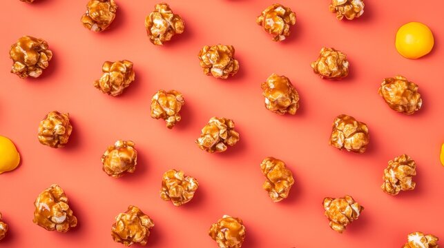Caramel popcorn arranged on a coral background with two lemon drops.