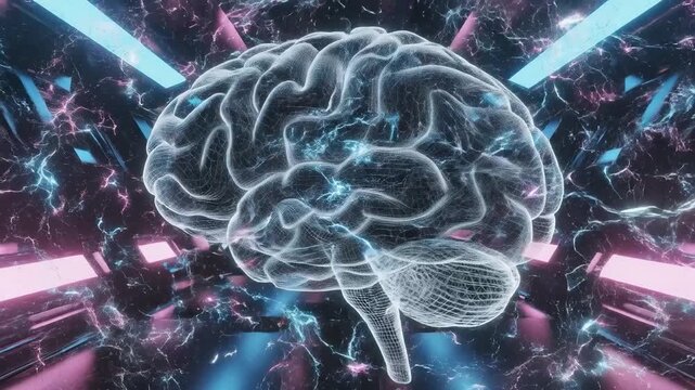 Futuristic digital brain with neural network sparks inside a high-tech neon corridor environment