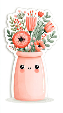 Cartoon cheerful flowerpot with flowers, flat design illustration