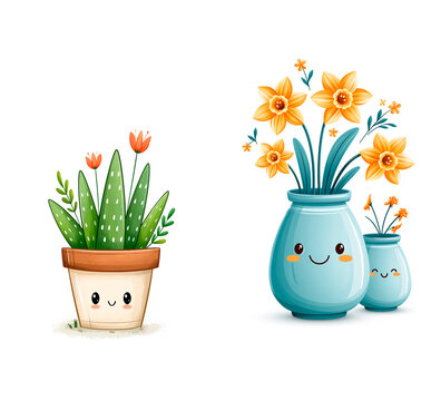 Cartoon cheerful flowerpot with flowers, flat design illustration
