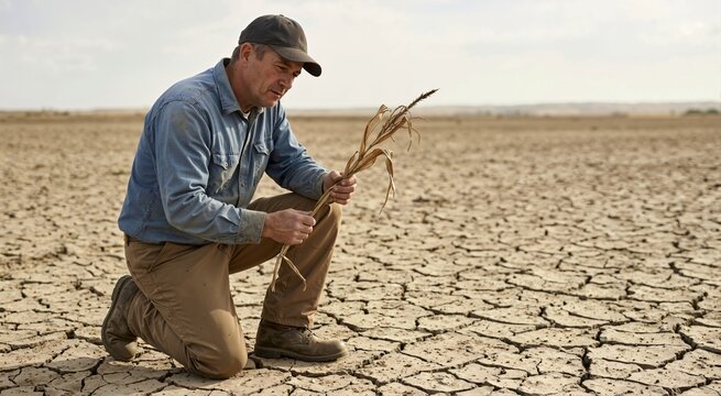 Desperate farmer kneeling on dry cracked earth holding withered crop. Drought and water scarcity concept