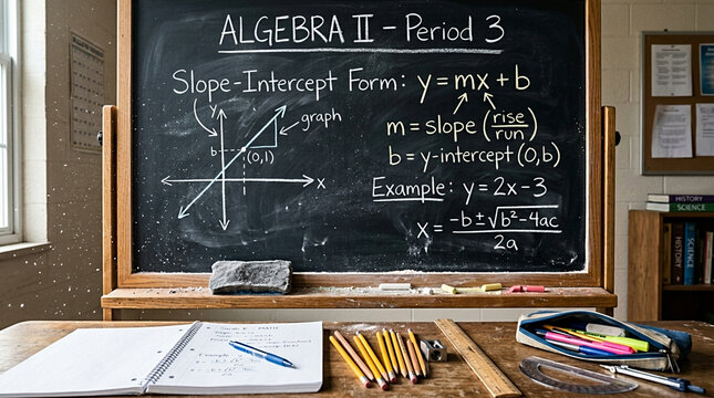 Blackboard with Algebra Diagram and Slope-Intercept Form Equations for Math Learning in Classroom Education Concept