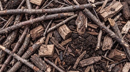 Fototapeta premium A pile of dry wood chips and twigs on the ground for gardening or composting purposes.
