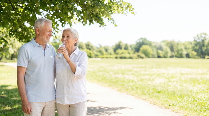 Fototapeta premium Senior Couple Hydrating with Water During Summer Walk in Nature