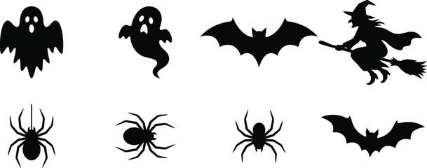 Fototapeta premium Halloween black silhouettes of ghosts bats spiders witch