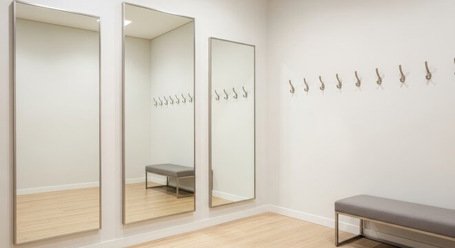 Modern locker room with hooks and seating. Clean, minimalist changing space for sports or fitness facilities.