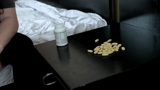 Hand Near Pill Bottle on Bedside Table