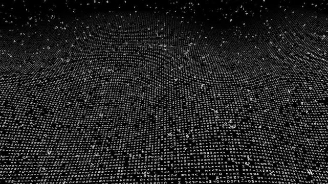 Monochrome matrix data and random typography codes shift across a vast curved grid plane in a cinematic 3D rendering for security backdrops