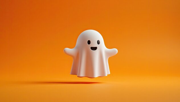 Cute floating halloween ghost on orange background