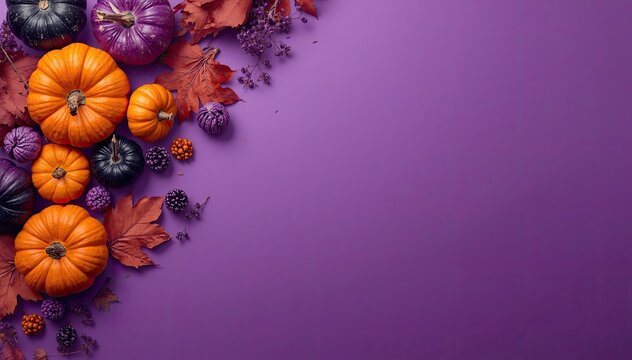 Festive halloween pumpkin and autumn leaf border on purple background