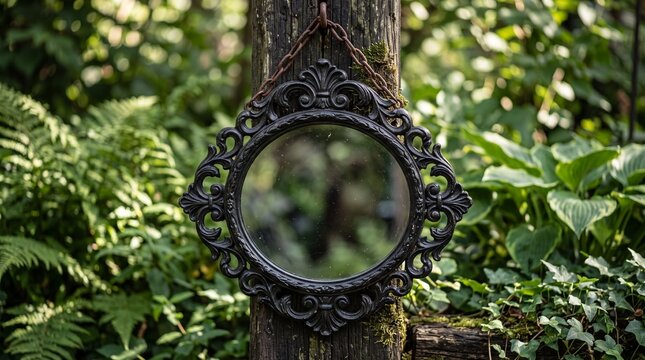 An ornate black mirror hangs from a wooden post in a lush green forest