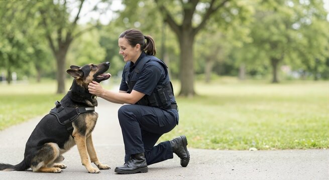 Police officer kneeling and petting a trained German Shepherd in a park. K9 unit handler