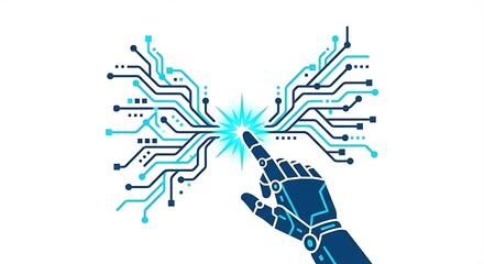 Fototapeta premium Minimalist generative AI prompt icon with cybernetic hand touching a glowing spark splitting into digital circuit streams, technology interface concept, flat vector illustration, deep blue an