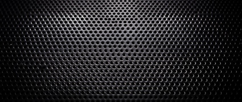 Perforated metal plate with circular hole pattern in dark steel finish used for speaker grilles or industrial ventilation systems for modern design