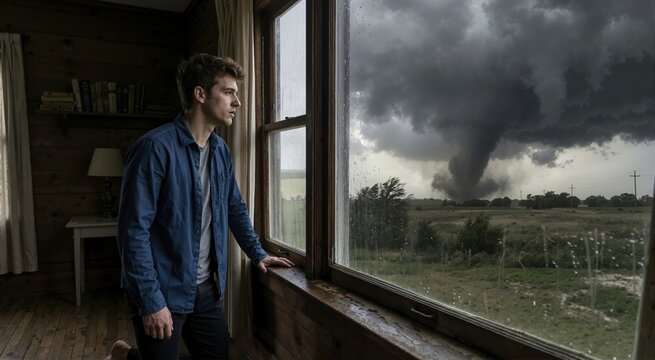 Young man looking through window at approaching tornado. Severe weather and natural disaster concept. Funnel cloud and storm warning