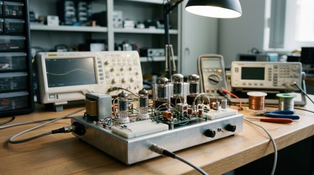 Medium shot showcasing an audio tube prototype setup on a lab bench highlighting delicate glass structures and sound modulation components in development.