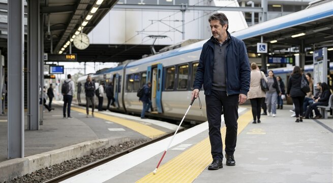 Blind man walking with white cane on train station platform. Accessibility and mobility in public transport. White Cane Safety Day concept