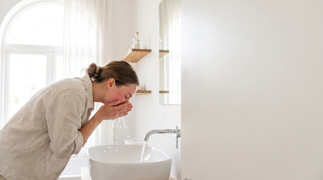 Woman Refreshing Her Face with Cold Water for a Cool and Invigorating Experience