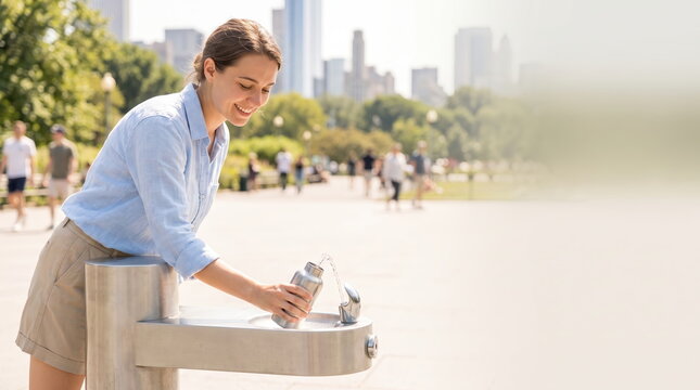Public Drinking Fountain for Summer Hydration in Urban Environment