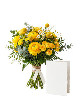 Vibrant yellow flower bouquet with a blank card and ribbon tie PNG Isolated on transparent background