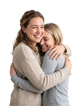 Two happy women hugging and smiling with eyes closed PNG Isolated on transparent background