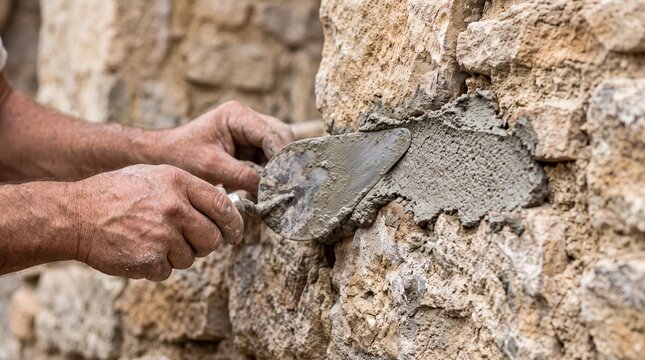A construction worker applying mortar to a stone wall with a trowel