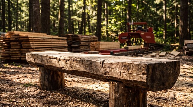 A rustic wooden bench sits in a forest clearing surrounded by stacks of lumber and a red logging machine.
