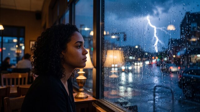 A woman sits by a window watching a lightning storm on a rainy night
