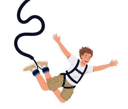 Happy young man jumping with bungee rope