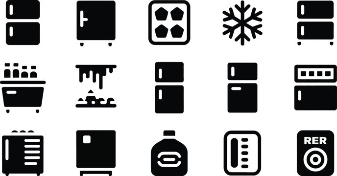 Refrigerator icons, clean fridge and freezer collection with outline and solid cooling symbols for kitchen appliances, frozen food, and home use, vector designs
