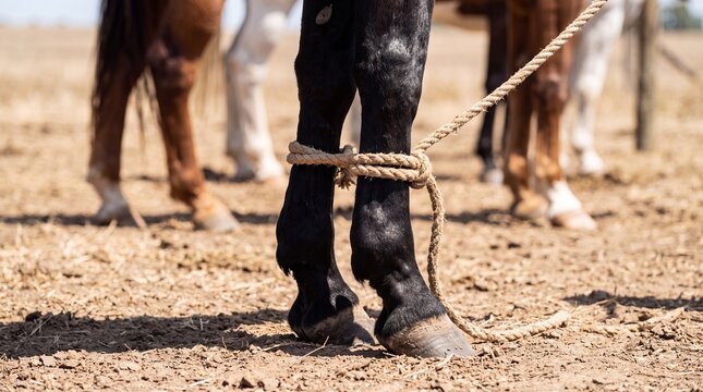 A black horse's legs are tied with a rope in a field with other horses