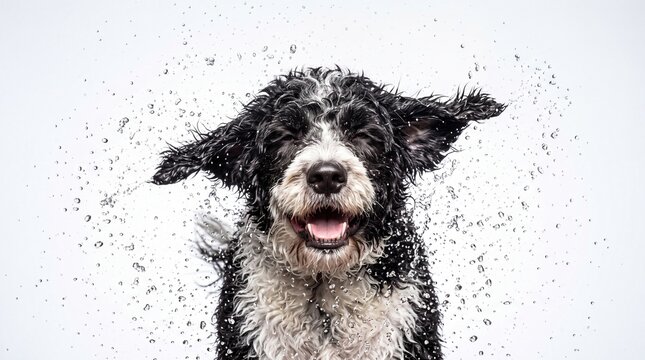 A happy black and white dog shaking off water with a joyful expression
