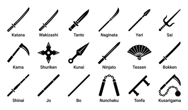 Set of traditional Japanese martial arts weapons silhouettes perfect for cultural projects educational materials and combat sports dojo promotions