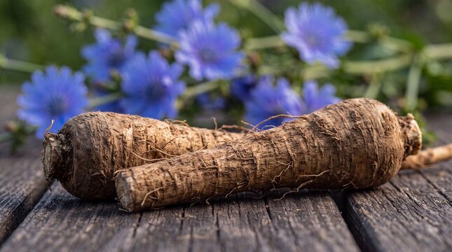 Two burdock roots on a wooden table with blue flowers in the background