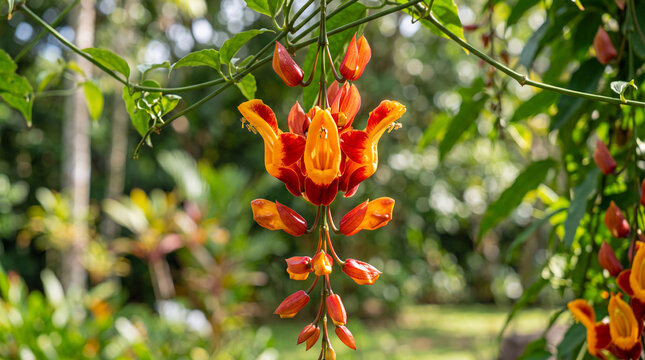 A close-up of a vibrant orange and red flower in a lush garden with green leaves and blurred background.