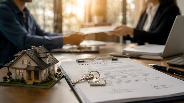 Real estate property transfer agreement with house keys and home model during buyer and agent contract meeting in a warm modern office