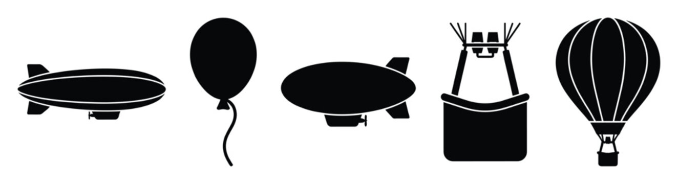 Set of various airships and balloons including blimps and hot air balloons for aviation and celebration designs