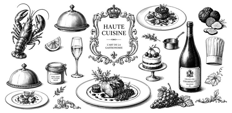 Haute cuisine gourmet food set lobster champagne truffle steak cake
