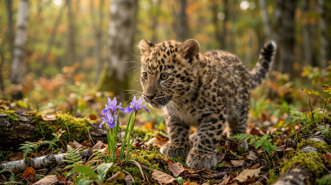 Adorable leopard cub exploring a forest floor with flowers.