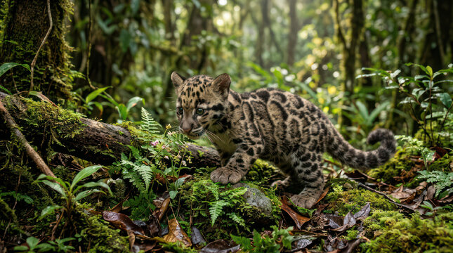 Clouded Leopard Cub Exploring Lush Green Forest Environment.