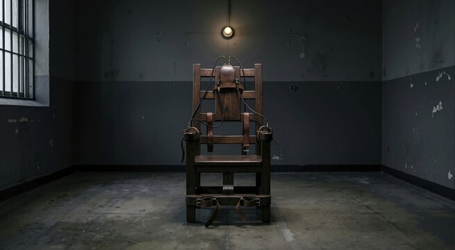 Empty electric chair in a dark prison cell. Capital punishment and death penalty concept. World Day Against the Death Penalty illustration