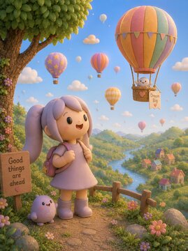 Cute 3D Clay Mascot Looking Toward Bright Future with Dreamy Hot Air Balloons