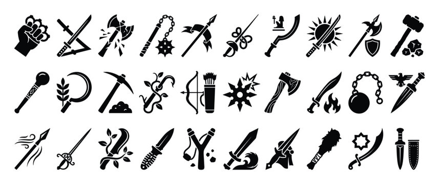 Set of weapon and tool icons featuring various melee, ranged, and symbolic items in black silhouettes for game assets or historical themed applications.