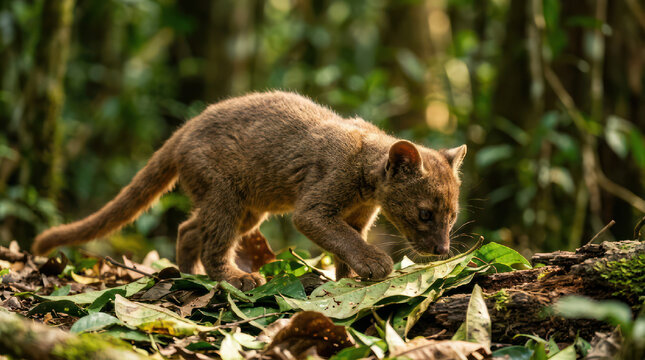 Fossa Cub Exploring Forest Floor in Madagascar.